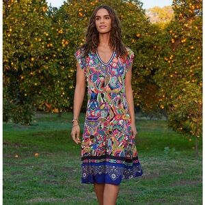 Johnny Was Janie Favorite Tiered Tea Length Dress Colorful V-Neck Dress